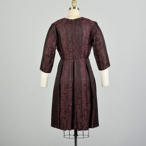 Small 1950s Black Pink Textured Satin Metallic Dress Pleated Skirt Elbow Sleeve Dress  - Fashionconstellate.com