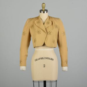 XS 1950s Studded Gabardine Bolero Jacket Golden Atomic Rhinestone Starburst Cropped 
