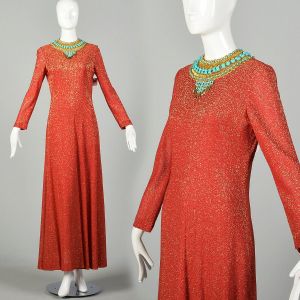 Adele Simpson Evening Gown Formal Dress Metallic Red Lurex Long Sleeve Beaded Collar Modest