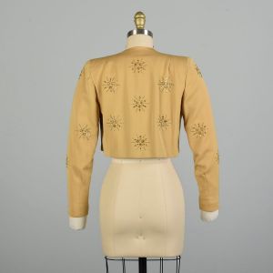 XS 1950s Studded Gabardine Bolero Jacket Golden Atomic Rhinestone Starburst Cropped  - Fashionconstellate.com