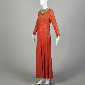 Adele Simpson Evening Gown Formal Dress Metallic Red Lurex Long Sleeve Beaded Collar Modest - Fashionconstellate.com