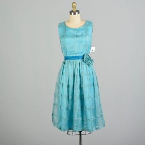 Small 1950s Aqua Cross Pleated Organdy Sleeveless Dress Theater Costume Upcycle AS IS
