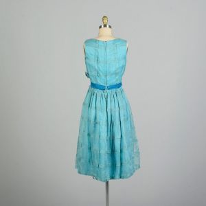 Small 1950s Aqua Cross Pleated Organdy Sleeveless Dress Theater Costume Upcycle AS IS - Fashionconstellate.com