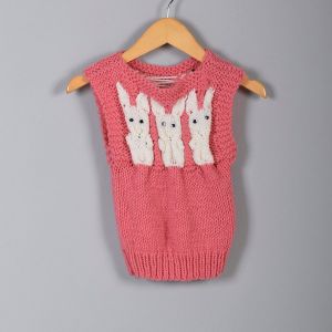 1950s Girls Pink Knit Sweater Bunny Rabbits Sleeveless Boat Neck Sweater Knit Vest 50s Vintage