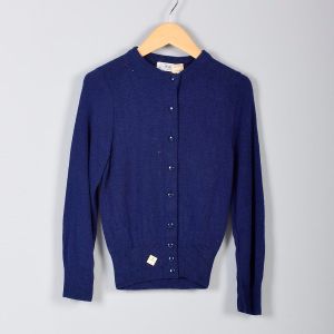 1960s Deadstock Childrens Navy Blue Button Up Sweater Girls Long Sleeve Lightweight Acrylic Soft 