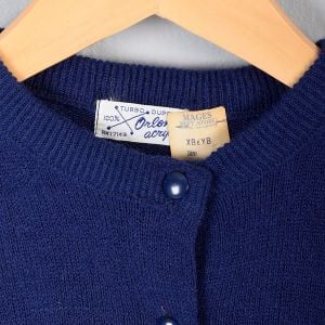 1960s Deadstock Childrens Navy Blue Button Up Sweater Girls Long Sleeve Lightweight Acrylic Soft  - Fashionconstellate.com