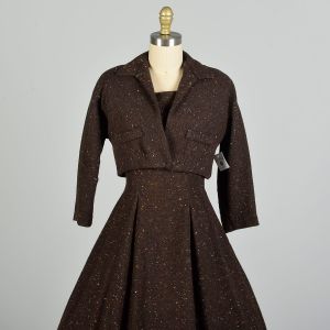  Small 1950s Brown Rainbow Fleck Ensemble Jacket Dress Winter Wool Tweed Set - Fashionconstellate.com