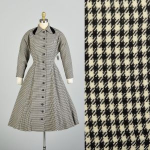 Small 1950s Wool Black & White Houndstooth Winter Coat Dress