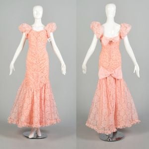 Medium 1980s Pink Lace Puff Sleeve Formal Evening Prom Dress