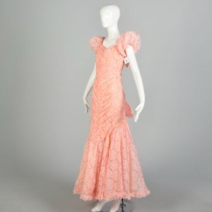 Medium 1980s Pink Lace Puff Sleeve Formal Evening Prom Dress - Fashionconstellate.com