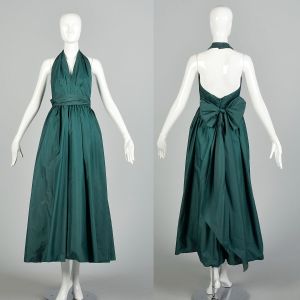 XS 1970s Lillie Rubin Green Pleated Halter Formal Evening Prom Gown