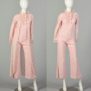 XXS 1970s Jumpsuit Pink Two-Piece Lace Vest Longsleeve