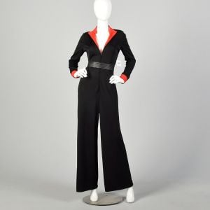 Medium 1970s Jumpsuit Black Red Zip-Front Knit