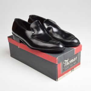 Sz10 1960s Black Leather Thomas Slip-On Loafers Vintage Deadstock Shoes