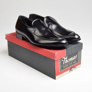 Sz8.5 1960s Black Leather Loafer Thomas Traditional Slip-On Shoe Polished Finish Deadstock