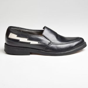 Sz7.5 1960s Black Leather Loafers White Lightning Rockabilly Slip-On Vintage Shoes - Fashionconstellate.com