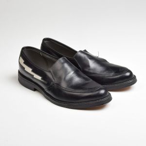 Sz7.5 1960s Black Leather Loafers White Lightning Rockabilly Slip-On Vintage Shoes