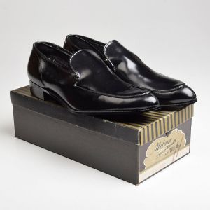 Sz11 1960s Black Leather Loafer Polished Classic Slip-On Top Stitched Deadstock