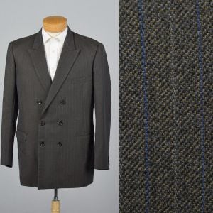 42L Large 1980s Mens Blazer Double Breasted Suit Jacket Gray Blue Pin Stripes Double Vent