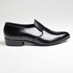 Sz9 1960s Black Leather Loafer Tru-Flex Smooth Polished Slip-On Shoe Deadstock - Fashionconstellate.com