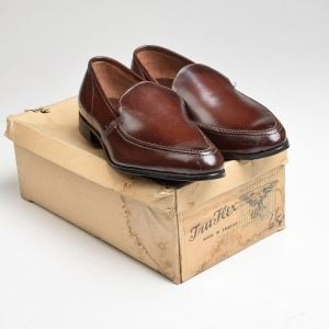 Sz6.5 1960s Brown Leather Loafer Tru-Fit Top Stitched Narrow Toe Slip-On Deadstock 