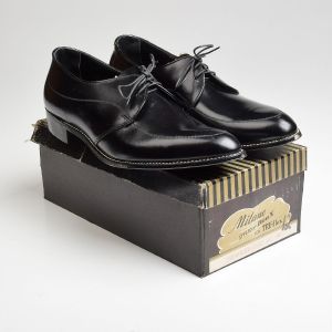 Sz12 1960s Black Leather Milano Lace-Up Derby Deadstock Vintage Shoes
