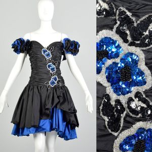 Medium 1980s Off Shoulder Black Blue Prom Dress Asymmetric Ruffle Party Gown Beaded Cocktail Formal