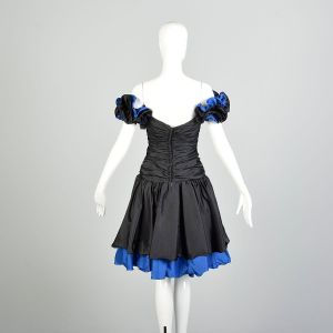 Medium 1980s Off Shoulder Black Blue Prom Dress Asymmetric Ruffle Party Gown Beaded Cocktail Formal - Fashionconstellate.com