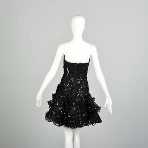Medium 1980s Black Sequin Ruffle Lace Cocktail Party Prom Dress - Fashionconstellate.com