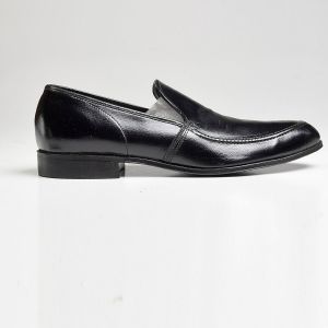 Sz9 1960s Polished Black Leather Loafer Textured Slip-On Shoe Top Stitched Deadstock - Fashionconstellate.com