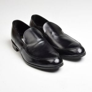 Sz9 1960s Polished Black Leather Loafer Textured Slip-On Shoe Top Stitched Deadstock
