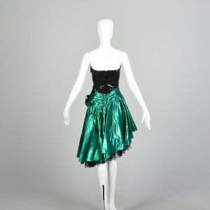 XS 1980s Green Lame Black Sequin Asymmetrical Strapless Evening Party Dress - Fashionconstellate.com