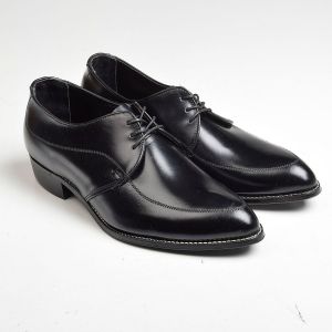 Sz7.5 1960s Black Leather Derby Shoe Lace-Up White Sole Stitching Top Stitching Deadstock 