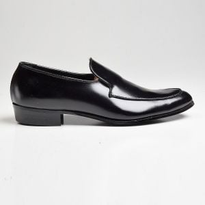 Sz9 1960s Polished Black Leather Loafer Classic Slip-On Shoe Top Stitched Deadstock - Fashionconstellate.com