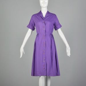 XS 1950s Purple Day Dress Rockabilly Shirtwaist Casual Cotton Shirtdress