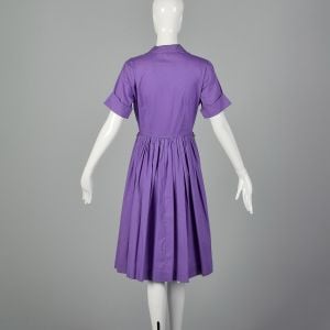 XS 1950s Purple Day Dress Rockabilly Shirtwaist Casual Cotton Shirtdress - Fashionconstellate.com
