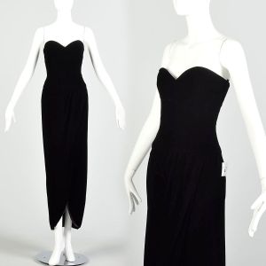 Size Small 1980s Black Velvet Strapless Formal Gown Sexy Petal Skirt Prom Dress Evening Attire