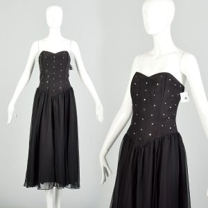Small 1980s Black Strapless Rhinestone Semi-Sheer Skirt Prom Dress