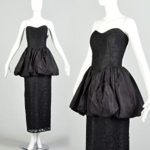 Small 1980s Gunne Sax Black Strapless Lace Peplum Formal Evening Prom Dress