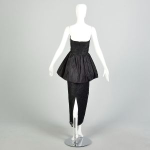Small 1980s Gunne Sax Black Strapless Lace Peplum Formal Evening Prom Dress - Fashionconstellate.com