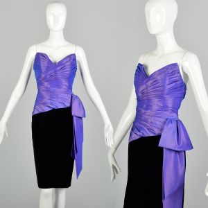 Small 1980s Black Velvet Purple Strapless Cocktail Party Dress