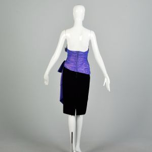 Small 1980s Black Velvet Purple Strapless Cocktail Party Dress - Fashionconstellate.com