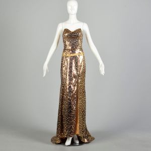 Medium 2000s Leopard Sequin Gown Puddle Train Formal Strapless Evening Dress - Fashionconstellate.com