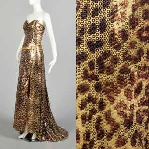 Medium 2000s Leopard Sequin Gown Puddle Train Formal Strapless Evening Dress