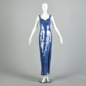 Medium 1990s Blue Iridescent Sequin Maxi Formal Evening Dress