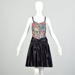 XS 1980s Black Floral Lace Mini Party Dress