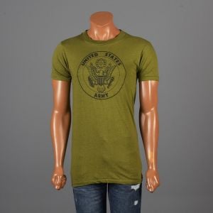 Small 1970s Mens T-Shirt Army Green Military Screen Cotton Short Sleeve 