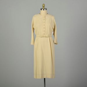 XL 1960s Dress Cream Shirtwaist Rhinestone Wedding