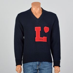 Medium 1970s Mens Sweater Navy Knit V-Neck Red L Heart Lettermen Style Patches