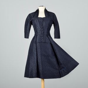 Pierre Balmain 1950s Silk Damask Dress with Navy Overskirt